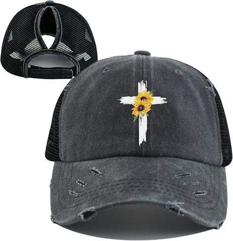 Mesh-Back Washed Cotton Ponytail Baseball Cap for Women Sunflower Dad Sun Hat with Ponytail Hole in Kuwait