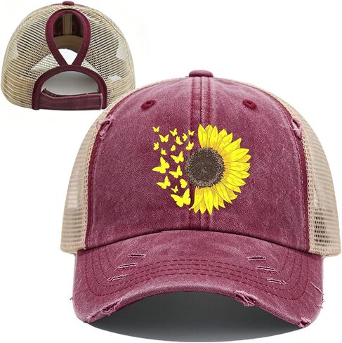 Mesh-Back Washed Cotton Ponytail Baseball Cap for Women Sunflower Dad Sun Hat with Ponytail Hole in Kuwait