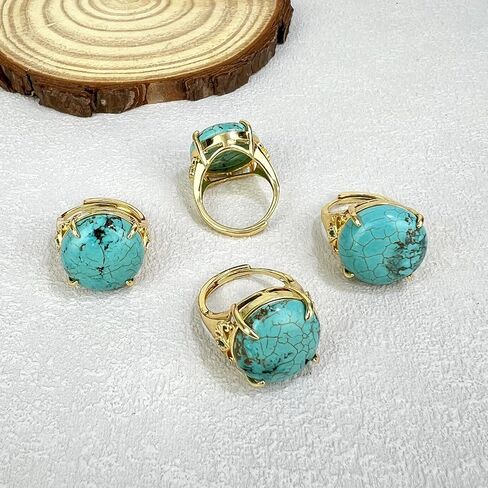 Turquoise Ring, 19MM Natural Turquoise Stone Ring Gold Plated, Bohemian, Adjustable Western Rings Turquoise Jewelry for Women Men in Saudi Arabia