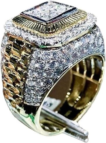 Men Ring 14K Gold Cluster Iced Out Lab Simulated Diamond Band Micropave Bling Ring for Women Mens Wedding Engagement RGold Plated Gemstone Square Cut Cubic Zirconia Eternity Ring(7-12)-10 in Saudi Arabia