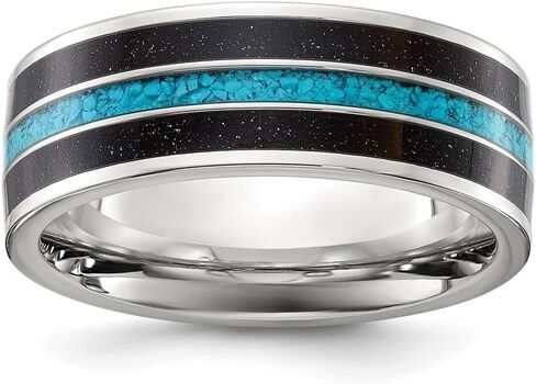 Titanium Polished with Turquoise and Black Star Sandstone Inlay 8 mm Band Size 8 to 13 in Kuwait