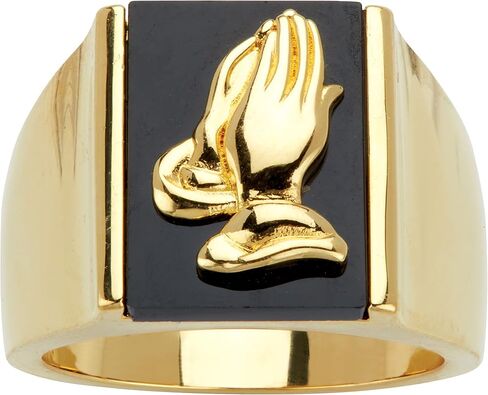 PalmBeach Men's Yellow Gold-plated Emerald Cut Natural Black Onyx Praying Hands Ring Sizes 7-13 in Kuwait