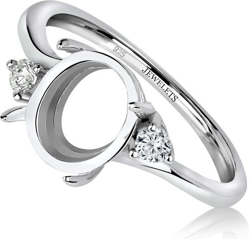 Silver Ring Blank – 8x10mm Oval Prong Setting Mounting with 2 Cubic Zirconia Accents, Rhodium Plated DIY Jewelry Base for Cabochons or Gemstones in Saudi Arabia