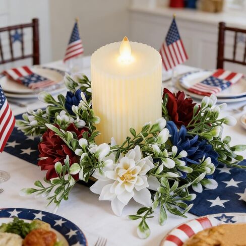 Independence Day Patriotic Candle Ring 4th of July Red Blue White Candle Holder Hanging Small Wreath Pendant for Memorial Day Tables Centerpieces Farmhouse Home Party Decoration (1 Pc) in Saudi Arabia