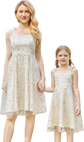 AWIBMK Mommy and Me Vintage Dress Bow Tie Shoulder Embroidery Floral A-line Mother Daughter Tea Party Holiday Dresses in Kuwait