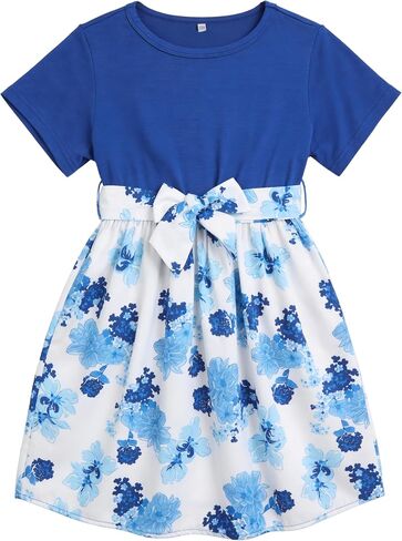 Girls Floral Print Dress, Casual Summer A-Line Sundress with Bow, Short Sleeve Dress for Kids 8-12Y in Saudi Arabia
