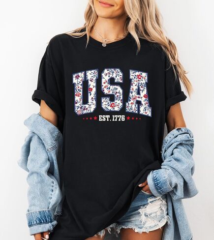 Floral USA Sweatshirt, 4th of July Shirt, 250th Anniversary Independence Day Sweatshirt, USA Est 1776 sweater, Patriotic Women Tee Multicolor in Kuwait