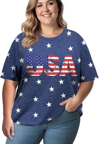 4th of July Shirts Women Plus Size:USA Star American Flag Crew Neck Short Sleeves Tee Patriotic T-Shirt in Saudi Arabia