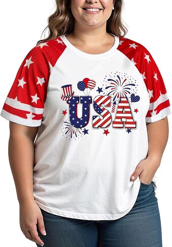 4th of July Shirts Women Plus Size:USA Color-Blocking Short-Sleeve American Flag Crew Neck Graphic T-Shirt in Saudi Arabia