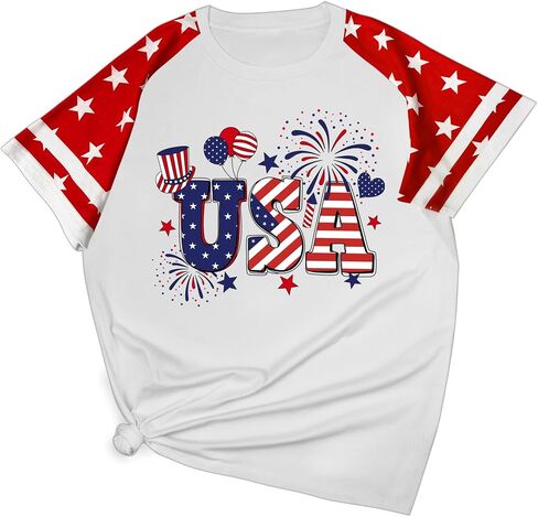 4th of July Shirts Women Plus Size:USA Color-Blocking Short-Sleeve American Flag Crew Neck Graphic T-Shirt in Saudi Arabia
