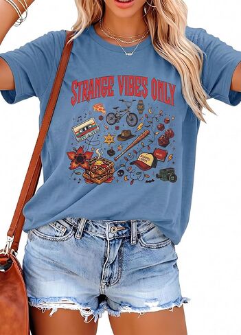 80s Retro Nostalgic Doodle Graphic T-Shirt for Women - Strange Vibes Only Casual Vintage Tee in Saudi Arabia