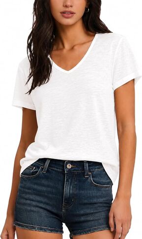 FAIABLE Women’s Cotton V Neck T Shirts,Soft Basic Short Sleeve Tees,Relaxed Fit Casual Vneck Tops for Women in Kuwait