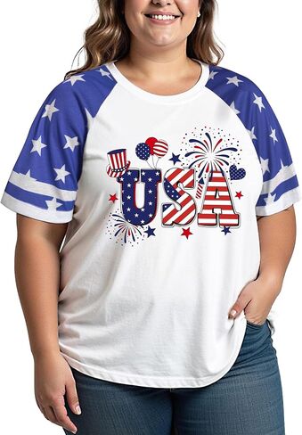 4th of July Shirts Women Plus Size:USA Color-Blocking Short-Sleeve American Flag Crew Neck Graphic T-Shirt in Saudi Arabia