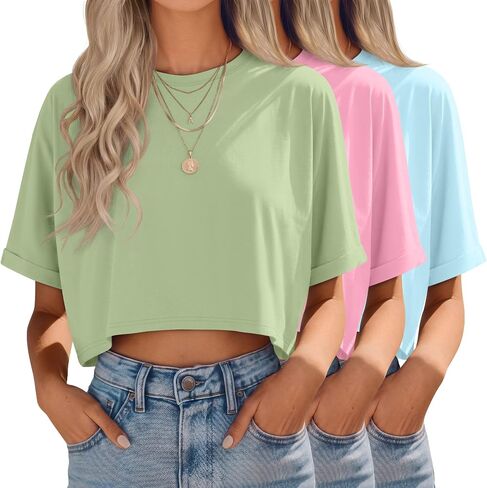 Ficerd 3 Pack Women Oversized Crop Tops Half Sleeve Crew Neck Loose Fit Baggy Shirts Cotton Basic Casual Solid Tees Summer in Kuwait