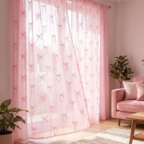 2 Pcs Pink Bow Sheer Curtains for Living Room Pink Bow Voile Window Curtains 84 x 52 Inch Cute Coquette Sheer Shades Window Drapes for Bedroom Bed Canopy Wedding Home Party Decor in Saudi Arabia