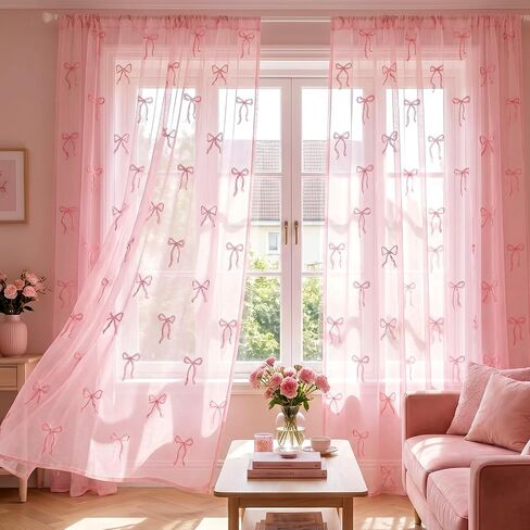 2 Pcs Pink Bow Sheer Curtains for Living Room Pink Bow Voile Window Curtains 84 x 52 Inch Cute Coquette Sheer Shades Window Drapes for Bedroom Bed Canopy Wedding Home Party Decor in Saudi Arabia