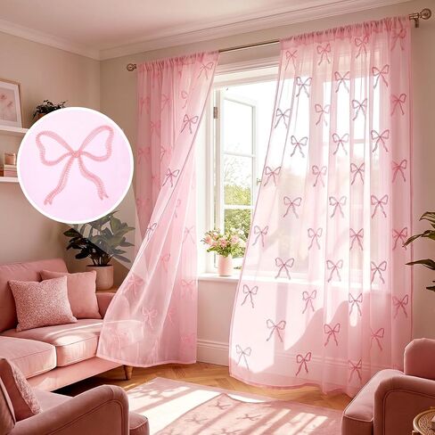 2 Pcs Pink Bow Sheer Curtains for Living Room Pink Bow Voile Window Curtains 84 x 52 Inch Cute Coquette Sheer Shades Window Drapes for Bedroom Bed Canopy Wedding Home Party Decor in Saudi Arabia