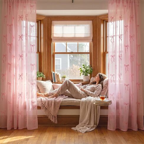 2 Pcs Pink Bow Sheer Curtains for Living Room Pink Bow Voile Window Curtains 84 x 52 Inch Cute Coquette Sheer Shades Window Drapes for Bedroom Bed Canopy Wedding Home Party Decor in Saudi Arabia