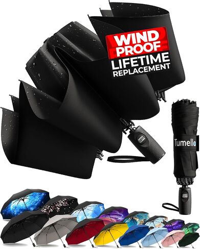 TUMELLA Flip-proof Inverted Travel Umbrella, Small Strong but Light Portable and Automatic Reverse Folding Rain Umbrella, Durable Premium Grip, Fits Car & Backpack in Kuwait