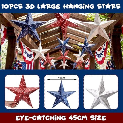 10 ft 3D 18'' Large Patriotic Paper Stars Hanging Decoration 4th of July Star Garland Decor Red White Blue Hanging Banner Decoration for 250th Anniversary Independence Day Party Porch in Saudi Arabia