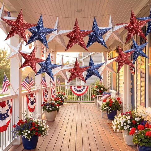 10 ft 3D 18'' Large Patriotic Paper Stars Hanging Decoration 4th of July Star Garland Decor Red White Blue Hanging Banner Decoration for 250th Anniversary Independence Day Party Porch in Saudi Arabia