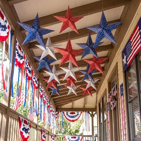 10 ft 3D 18'' Large Patriotic Paper Stars Hanging Decoration 4th of July Star Garland Decor Red White Blue Hanging Banner Decoration for 250th Anniversary Independence Day Party Porch in Saudi Arabia