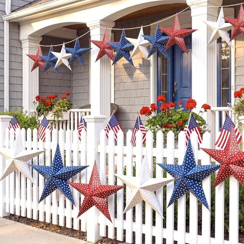 10 ft 3D 18'' Large Patriotic Paper Stars Hanging Decoration 4th of July Star Garland Decor Red White Blue Hanging Banner Decoration for 250th Anniversary Independence Day Party Porch in Saudi Arabia