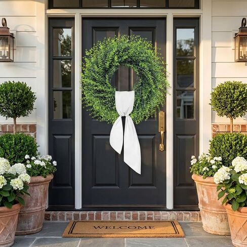 26''Large Artificial Boxwood Wreath for Front Door, All Year Round Greenery Wreath Home Decor Artificial Spring Summer Greenery Hanging for Wall Farmhouse Wedding Indoor Outdoor Decor(Include Ribbon) in Saudi Arabia