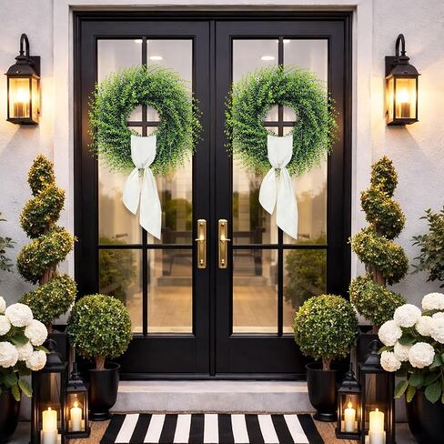 26''Large Artificial Boxwood Wreath for Front Door, All Year Round Greenery Wreath Home Decor Artificial Spring Summer Greenery Hanging for Wall Farmhouse Wedding Indoor Outdoor Decor(Include Ribbon) in Saudi Arabia