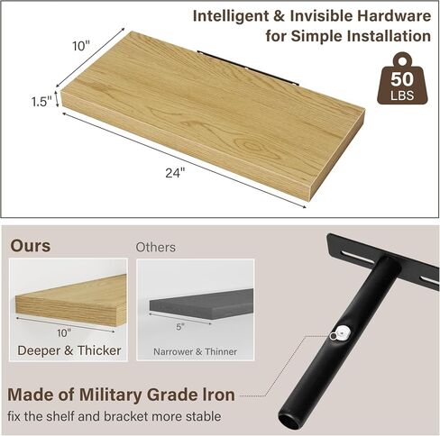 Acovy 10" Extra Deep Floating Shelves for Wall, 24" Long Wood Wall Shelves Set of 2 for Bathroom Bedroom Kitchen Living Room Laundry Room, Modern Floating Shelf for Home Decor in Saudi Arabia