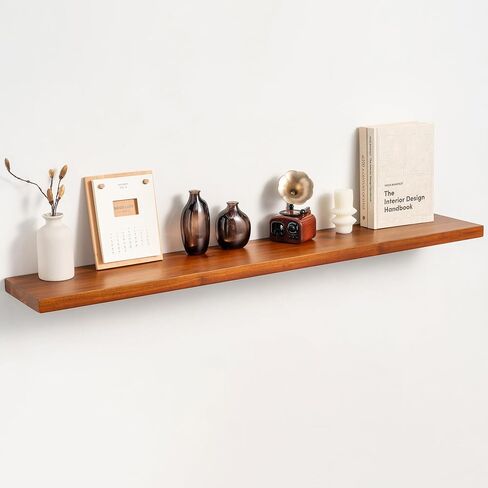 48" Solid Teak Floating Wall Shelf - Large Natural Wood Long Shelving for Wall Decor and Organization - Waterproof Solid Wood Support for Bathroom and Kitchen High-Moisture Areas in Saudi Arabia