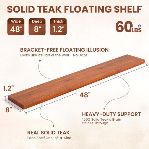 48" Solid Teak Floating Wall Shelf - Large Natural Wood Long Shelving for Wall Decor and Organization - Waterproof Solid Wood Support for Bathroom and Kitchen High-Moisture Areas in Saudi Arabia