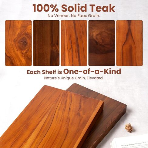 48" Solid Teak Floating Wall Shelf - Large Natural Wood Long Shelving for Wall Decor and Organization - Waterproof Solid Wood Support for Bathroom and Kitchen High-Moisture Areas in Saudi Arabia