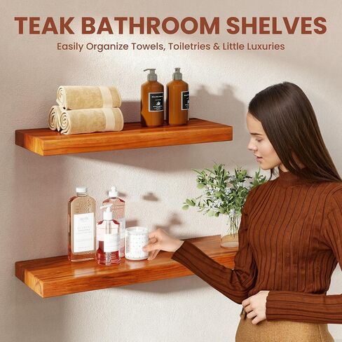 48" Solid Teak Floating Wall Shelf - Large Natural Wood Long Shelving for Wall Decor and Organization - Waterproof Solid Wood Support for Bathroom and Kitchen High-Moisture Areas in Saudi Arabia
