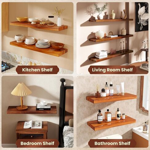 48" Solid Teak Floating Wall Shelf - Large Natural Wood Long Shelving for Wall Decor and Organization - Waterproof Solid Wood Support for Bathroom and Kitchen High-Moisture Areas in Saudi Arabia
