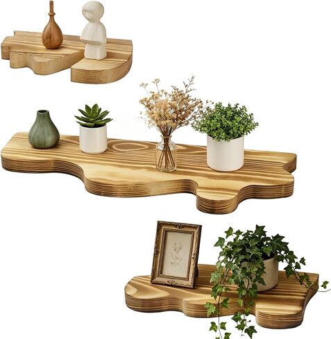 Wooden Floating Shelves, Rustic Wave Edge Wall Display Shelf Set of 3, Carbonized Pine Finish, Space-Saving Wall Mounted Storage Rack for Bathroom, Bedroom, Living Room, 3 Assorted Sizes in Saudi Arabia