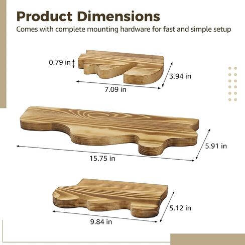 Wooden Floating Shelves, Rustic Wave Edge Wall Display Shelf Set of 3, Carbonized Pine Finish, Space-Saving Wall Mounted Storage Rack for Bathroom, Bedroom, Living Room, 3 Assorted Sizes in Saudi Arabia