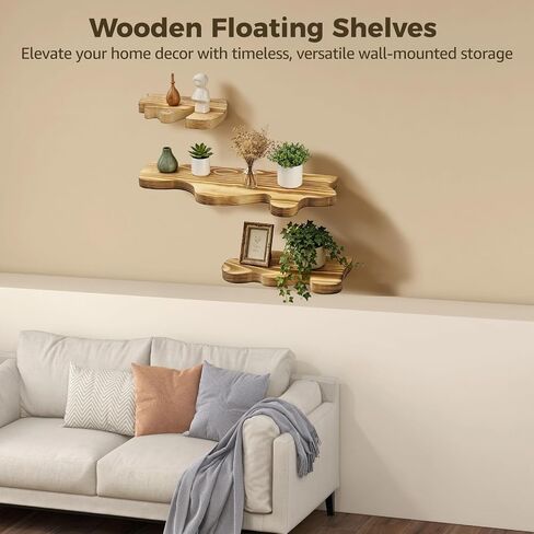 Wooden Floating Shelves, Rustic Wave Edge Wall Display Shelf Set of 3, Carbonized Pine Finish, Space-Saving Wall Mounted Storage Rack for Bathroom, Bedroom, Living Room, 3 Assorted Sizes in Saudi Arabia