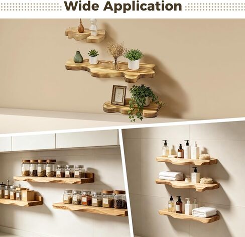 Wooden Floating Shelves, Rustic Wave Edge Wall Display Shelf Set of 3, Carbonized Pine Finish, Space-Saving Wall Mounted Storage Rack for Bathroom, Bedroom, Living Room, 3 Assorted Sizes in Saudi Arabia