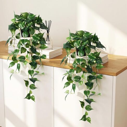 Artificial Hanging Plants with Pots - 33" Fake Pothos Silk Greenery for Indoor Outdoor, Realistic Faux Plants Potted for Shelves Bedroom Bathroom Trailing Plant, Dark Green 2 Pack in Saudi Arabia