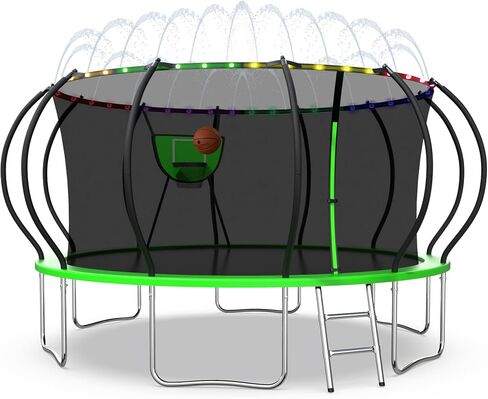 1500LBS Tranpoline Outdoor 8 10 12 14 16FT Tranpoline for Kids and Adults,【Easy to Install & Built to Last】 Recreational Tranpolines with Net, Light+Sprinkler, Basketball Hoop, ASTM Approved in Kuwait