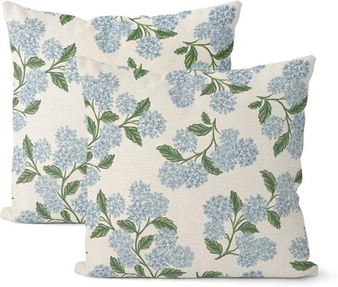 Spring Pillow Covers 18x18 Inch 2 Pcs Blue Green Hydrangea Flower Decor Throw Pillows Vintage Floral Seasonal Summer Outdoor Decoration Pillowcase Linen Cushion Cover for Couch Sofa in Saudi Arabia