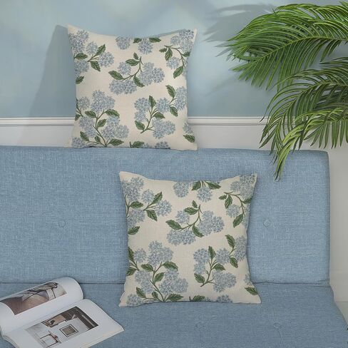 Spring Pillow Covers 18x18 Inch 2 Pcs Blue Green Hydrangea Flower Decor Throw Pillows Vintage Floral Seasonal Summer Outdoor Decoration Pillowcase Linen Cushion Cover for Couch Sofa in Saudi Arabia
