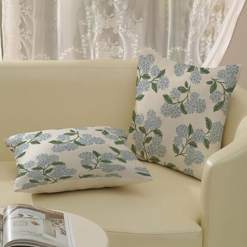 Spring Pillow Covers 18x18 Inch 2 Pcs Blue Green Hydrangea Flower Decor Throw Pillows Vintage Floral Seasonal Summer Outdoor Decoration Pillowcase Linen Cushion Cover for Couch Sofa in Saudi Arabia