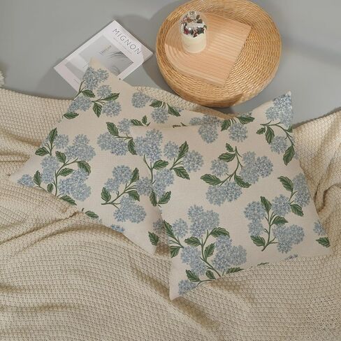 Spring Pillow Covers 18x18 Inch 2 Pcs Blue Green Hydrangea Flower Decor Throw Pillows Vintage Floral Seasonal Summer Outdoor Decoration Pillowcase Linen Cushion Cover for Couch Sofa in Saudi Arabia