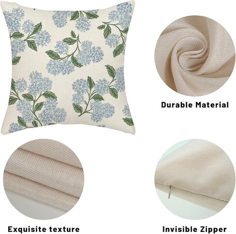 Spring Pillow Covers 18x18 Inch 2 Pcs Blue Green Hydrangea Flower Decor Throw Pillows Vintage Floral Seasonal Summer Outdoor Decoration Pillowcase Linen Cushion Cover for Couch Sofa in Saudi Arabia