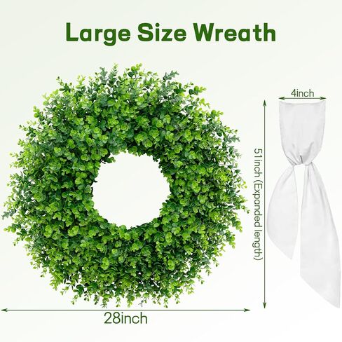 28'' Large Boxwood Wreaths Front Door Artificial Green Spring Wreath with Sash Wreaths for Front Door Farmhouse Greenery Year Round Outdoor Indoor for Summer Wreath St Patricks Day Decoration in Saudi Arabia