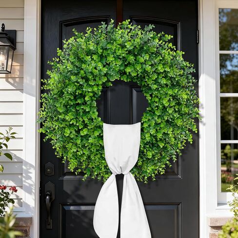 28'' Large Boxwood Wreaths Front Door Artificial Green Spring Wreath with Sash Wreaths for Front Door Farmhouse Greenery Year Round Outdoor Indoor for Summer Wreath St Patricks Day Decoration in Saudi Arabia