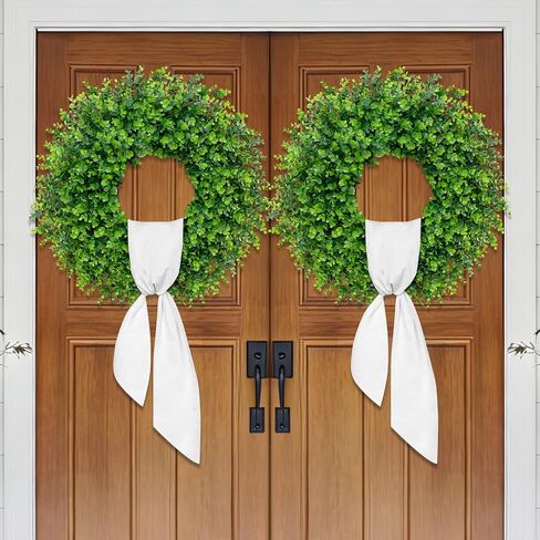 28'' Large Boxwood Wreaths Front Door Artificial Green Spring Wreath with Sash Wreaths for Front Door Farmhouse Greenery Year Round Outdoor Indoor for Summer Wreath St Patricks Day Decoration in Saudi Arabia