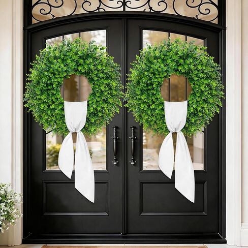 28'' Large Boxwood Wreaths Front Door Artificial Green Spring Wreath with Sash Wreaths for Front Door Farmhouse Greenery Year Round Outdoor Indoor for Summer Wreath St Patricks Day Decoration in Saudi Arabia